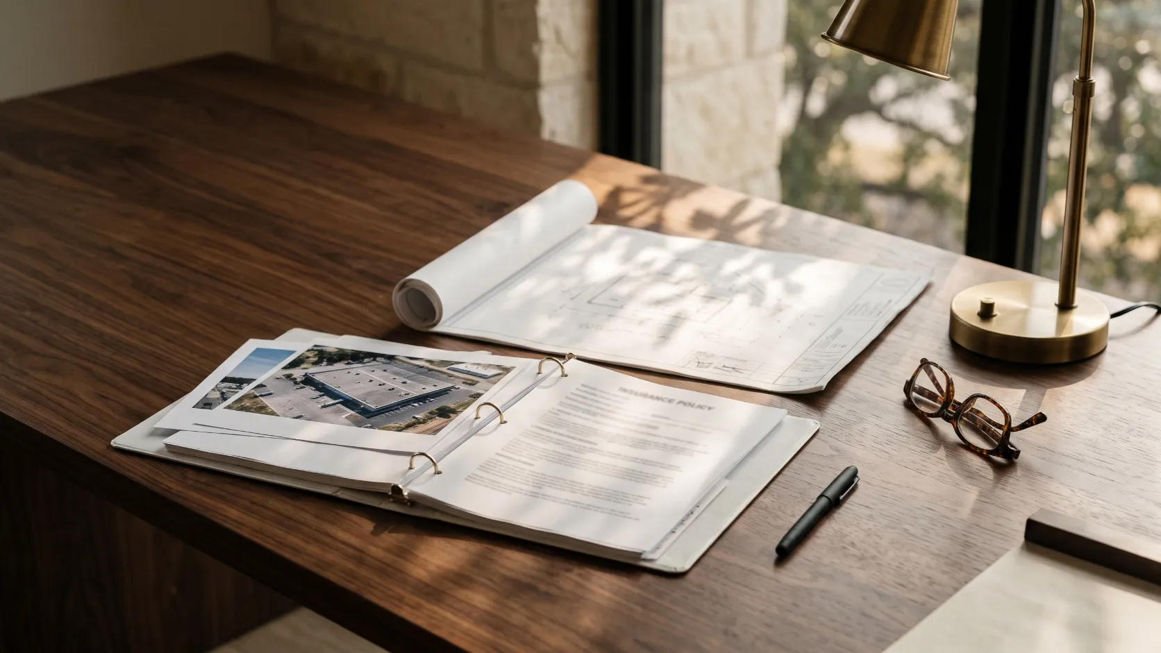 An insurance policy binder, a site plan and roof photos laid out on a walnut table