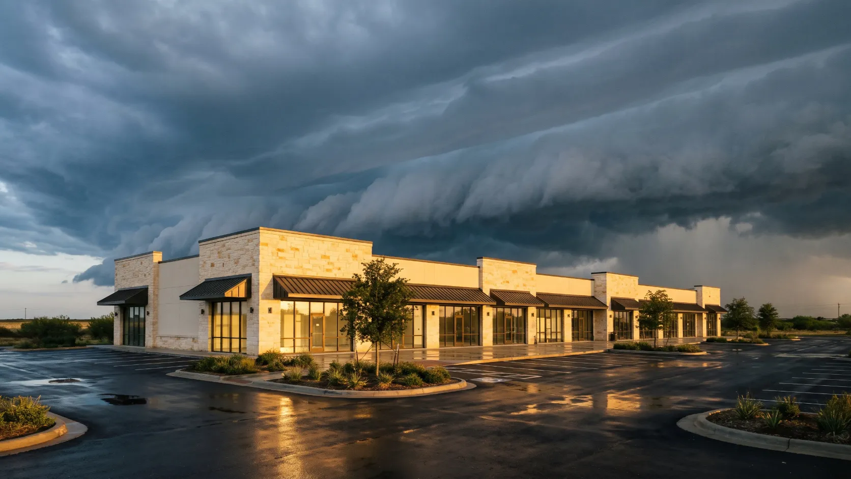 A storm shelf cloud approaching a Texas commercial building in the last evening light